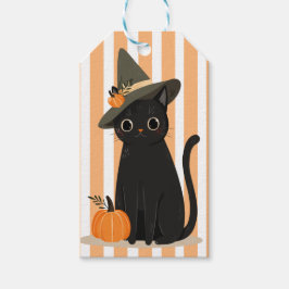 Schattige Halloween Zwarte Kat met Heksenhoed Pomp Cadeaulabel