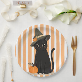 Schattige Halloween Zwarte Kat met Heksenhoed Pomp Papieren Bordje