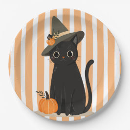 Schattige Halloween Zwarte Kat met Heksenhoed Pomp Papieren Bordje