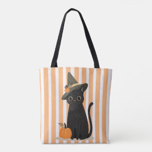 Schattige Halloween Zwarte Kat met Heksenhoed Pomp Tote Bag