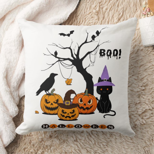 Schattige Halloween Zwarte Kat met Pompoenen Kussen (Deken)