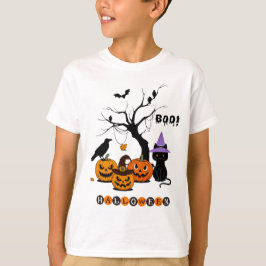 Schattige Halloween Zwarte Kat met Pompoenen T-shirt
