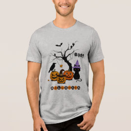 Schattige Halloween Zwarte Kat met Pompoenen Tri-Blend Shirt