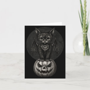 Schattige Halloween Zwarte Kat Met Vleermuisvleuge Kaart