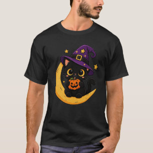 Schattige Halloween Zwarte Kat op Sikkelmaan met P T-shirt