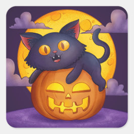 Schattige Halloween Zwarte Kat Pompoen en Maan Vierkante Sticker