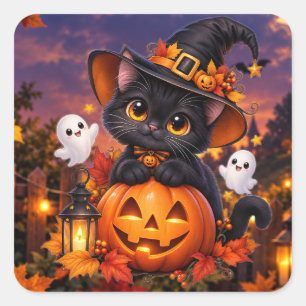 Schattige Halloween Zwarte Kat Pompoen Heks Vierka Vierkante Sticker