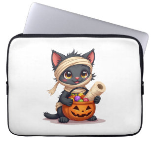 Schattige Halloween Zwarte Kat Pompoen Trick or Tr Laptop Sleeve