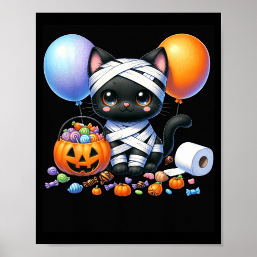 Schattige Halloween Zwarte Kat Pompoen Trick Or Tr Poster (Voorkant)