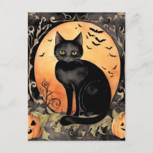 Schattige Halloween Zwarte Kat Waterverf Briefkaart