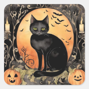 Schattige Halloween Zwarte Kat Waterverf Vierkante Sticker