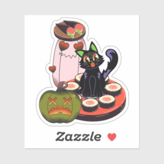 Schattige Halloween Zwarte Kat Zit op Sushi Sticker