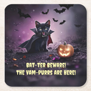 Schattige Halloweenfeest met Black Cat Vampire Kartonnen Onderzetters