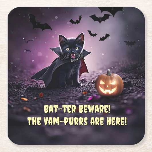 Schattige Halloweenfeest met Black Cat Vampire Kartonnen Onderzetters (Voorkant)