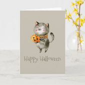 Schattige Halloweenkat met pompoen | Wenskaart Kaart (Gele Bloem)