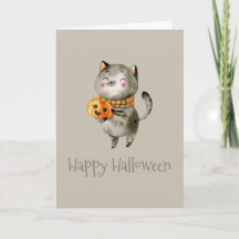 Schattige Halloweenkat met pompoen | Wenskaart