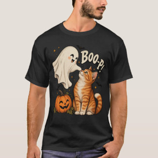 Schattige Halloweenkat met spook en pompoen Boe T-shirt