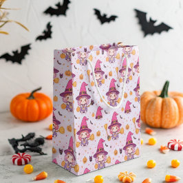 Schattige Halloweenpatroon met pompoenen en heks Groot Cadeauzakje