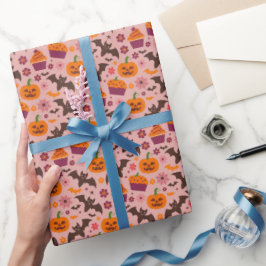 Schattige Halloweenpatroon | Roze & Oranje feestel Cadeaupapier