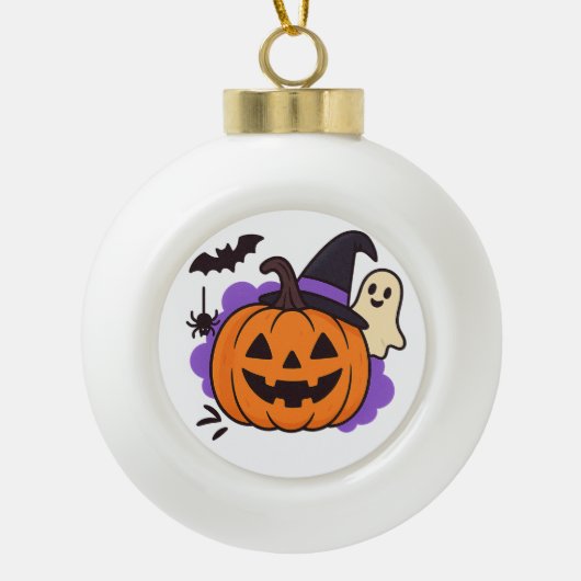 Schattige Halloweenpompoen met Heksenhoed – Geest Keramische Bal Ornament (Voorkant)