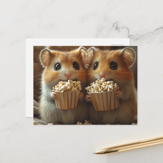 Schattige hamsters met popcorn briefkaart (Voorkant / Achterkant in situ)