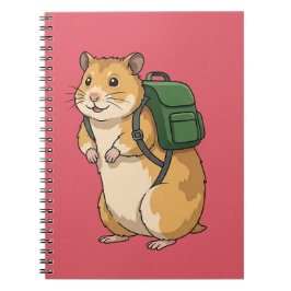 Schattige hamsterwandelaar met rugzak notitieboek