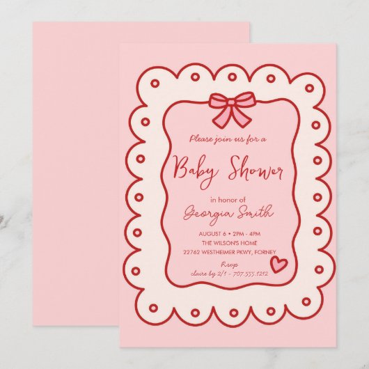Schattige Hand getrokken Bow Baby shower Uitnodigi Kaart (Voorkant / Achterkant)