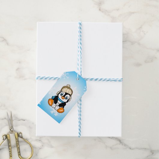 Schattige Hand getrokken Pinguïn met Sneeuwballen Cadeaulabel (Met Touw)
