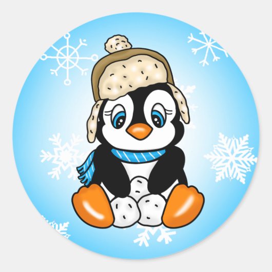 Schattige Hand getrokken Pinguïn met Sneeuwballen Ronde Sticker (Voorkant)