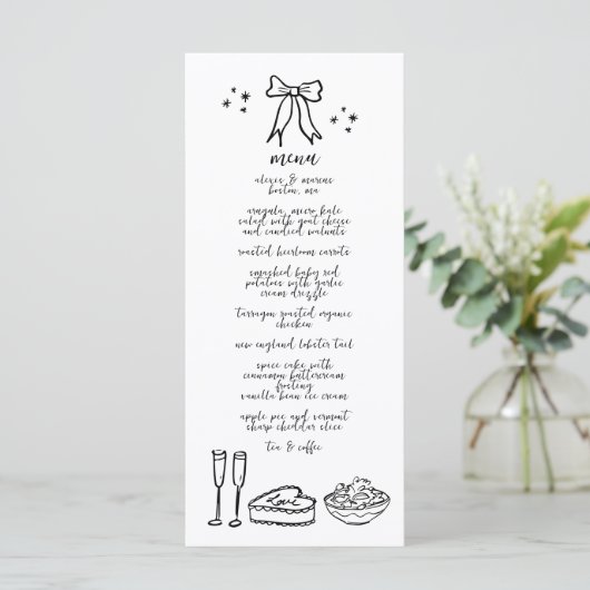 Schattige Handgeschreven Doodle Bow Bruiloft Recep Menu (Staand voorkant)