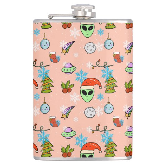 Schattige handgetekende Alien Christmas Seamless P Heupfles (Voorkant)