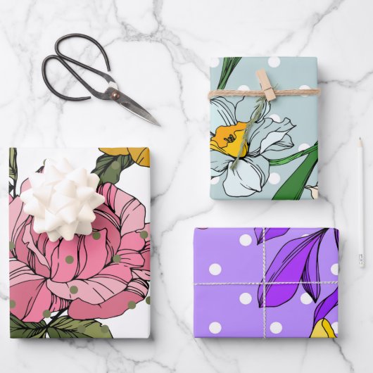 Schattige handgetekende bloemetjes Paarse Blauw Ro Inpakpapier Vel (Voorkant)