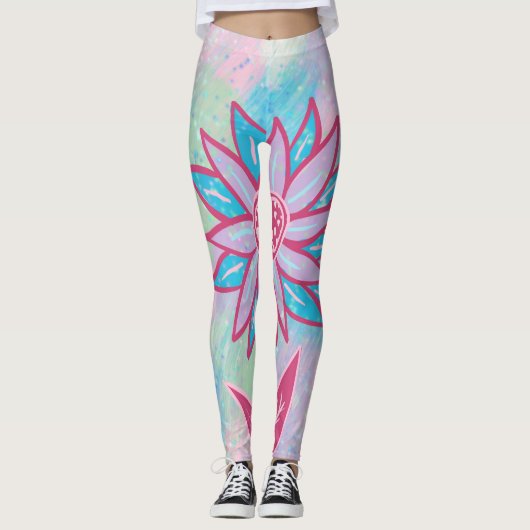 Schattige handgetekende pastelbloem leggings (Voorkant)