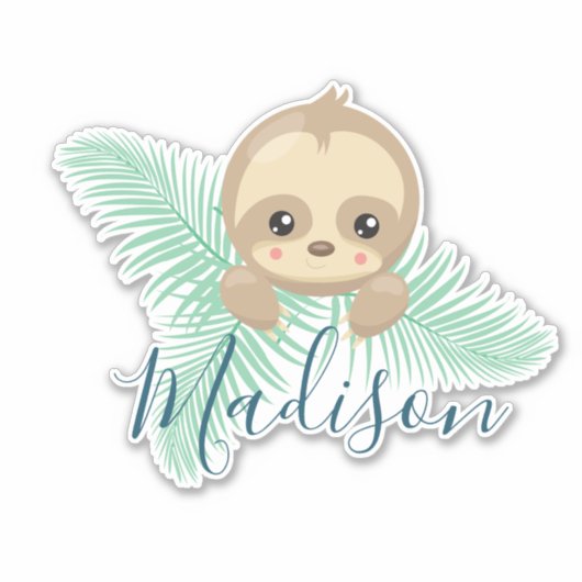 Schattige Happy Baby Sloth met palmbladeren Monogr Sticker (Voorkant)
