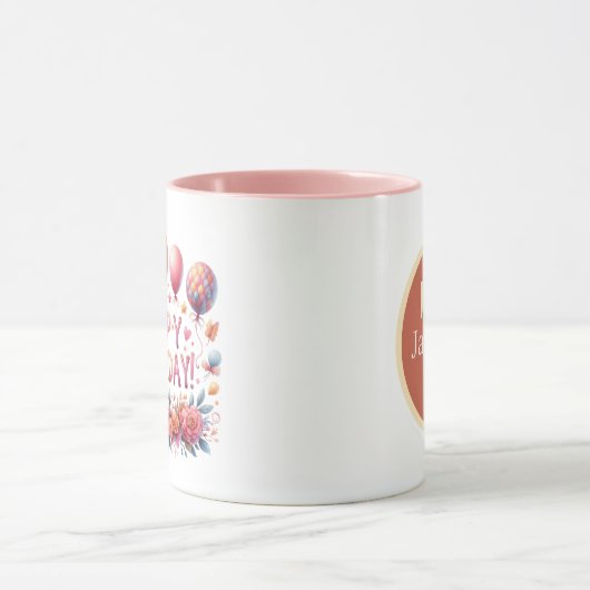 Schattige Happy Birthday ballons bloemen toevoegen Mok (Midden)