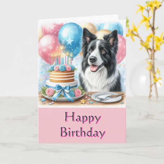 Schattige Happy Birthday Border Collie Wenskaart Kaart (Gele Bloem)