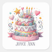 Schattige Happy Birthday cake tekst toevoegen Vierkante Sticker (Voorkant)