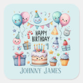 Schattige Happy Birthday cake voeg naam toe Vierkante Sticker (Voorkant)