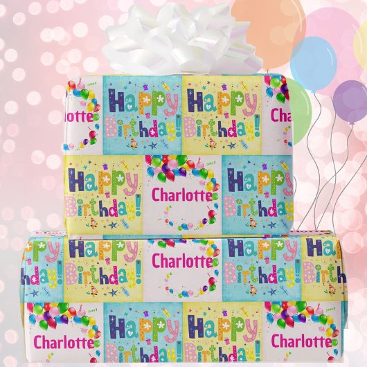 Schattige Happy Birthday Haar naam toevoegen Cadeaupapier