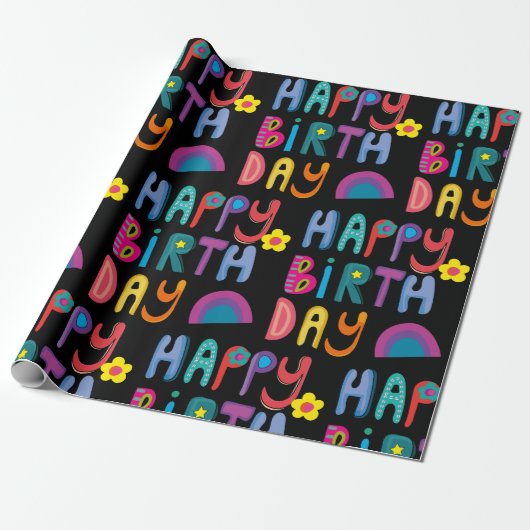 Schattige Happy Birthday Kleurrijk Pattern Cadeaupapier (Uitgerold)