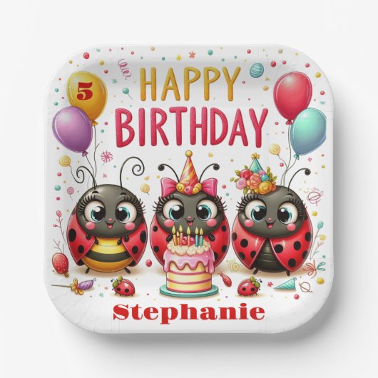 Schattige Happy Birthday Ladybug rood en zwart ins Papieren Bordje (Voorkant)
