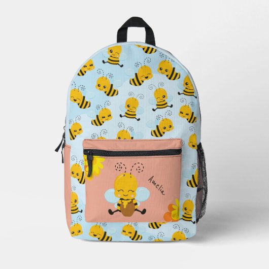 Schattige Happy Bumble Bee met Flowers Klein Kind  Bedrukte Rugzak (Voorkant)