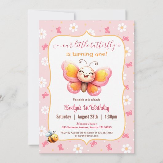 Schattige Happy Butterfly Roze Bloemen Meisje 1e V Kaart (Voorkant)