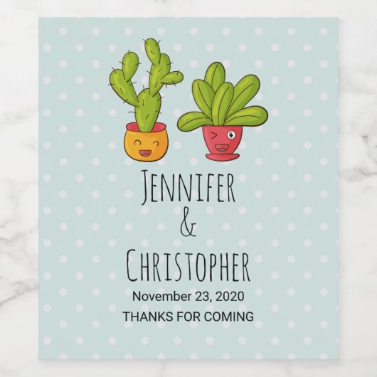 Schattige Happy Cactus Pair in Bloempotten Leuk Br Wijn Etiket (Enkel label)