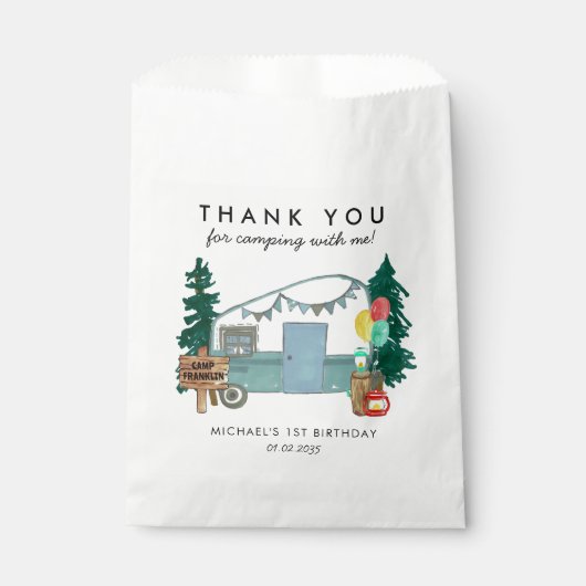 Schattige Happy Camper Van Trees Camping 1e Verjaa Bedankzakje (Voorkant)