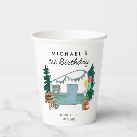 Schattige Happy Camper Van Trees Camping 1e Verjaa Papieren Bekers (Achterkant)