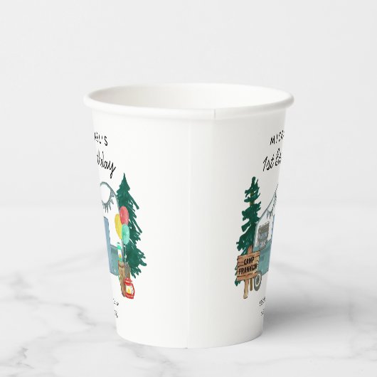 Schattige Happy Camper Van Trees Camping 1e Verjaa Papieren Bekers (Rechts)