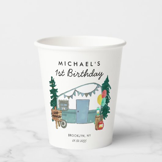 Schattige Happy Camper Van Trees Camping 1e Verjaa Papieren Bekers (Voorkant)