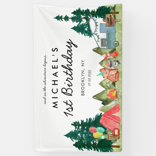 Schattige Happy Camper Van Trees Camping Kids Verj Spandoek (Verticaal)