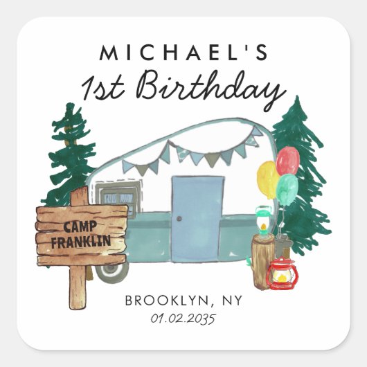 Schattige Happy Camper Van Trees Camping Kids Verj Vierkante Sticker (Voorkant)